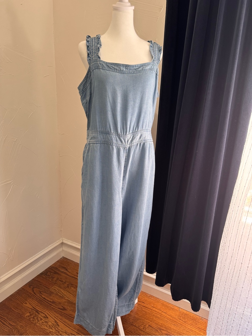 LOFT Light Blue Denim Jumpsuit with Ruffled Straps